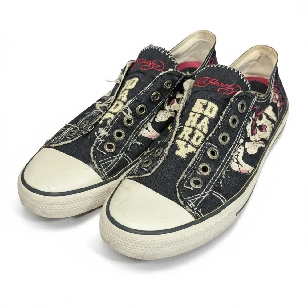 Women’s Ed Hardy Logo Graphic Black Canvas Slip-On Sneakers Y2K 2000’s size 9